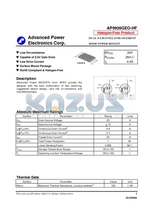 AP9926GEO-HF datasheet - Capable of 2.5V Gate Drive, Surface Mount Package