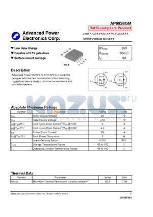 AP9926GM datasheet - Low Gate Charge,Surface mount package