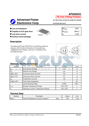 AP9926GO datasheet - N-CHANNEL ENHANCEMENT MODE POWER MOSFET