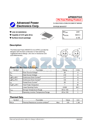 AP9926TGO datasheet - N-CHANNEL ENHANCEMENT MODE POWER MOSFET