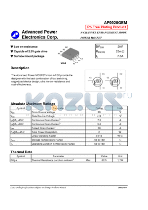 AP9928GEM datasheet - Capable of 2.5V gate drive, Surface mount package