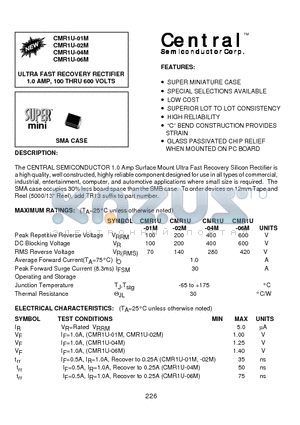 CMR1U-06M datasheet - ULTRA FAST RECOVERY RECTIFIER 1.0 AMP, 100 THRU 600 VOLTS