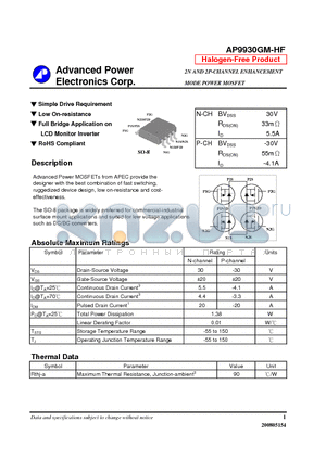 AP9930GM-HF datasheet - Low On-resistance, Full Bridge Application on LCD Monitor Inverter