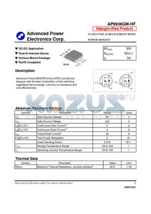 AP9936GM-HF datasheet - DC-DC Application, Dual N-channel Device, Surface Mount Package