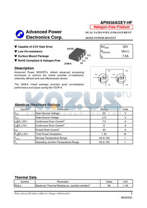 AP9938AGEY-HF datasheet - Capable of 2.5V Gate Drive, Low On-resistance, Surface Mount Package