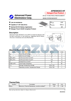 AP9938GEO-HF datasheet - Capable of 1.8V Gate Drive, Optimal DC/DC Battery Application