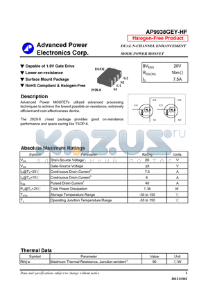 AP9938GEY-HF datasheet - Capable of 1.8V Gate Drive, Lower on-resistance, Surface Mount Package