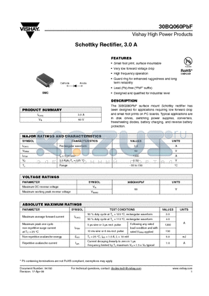 30BQ060PBF datasheet - Schottky Rectifier, 3.0 A