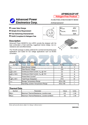 AP9962AGP-HF datasheet - N-CHANNEL ENHANCEMENT MODE POWER MOSFET