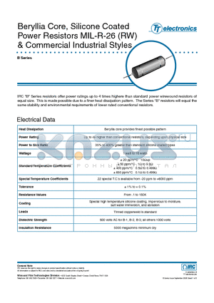 B-1 datasheet - Beryllia Core, Silicone Coated Power Resistors MIL-R-26 (RW) & Commercial Industrial Styles