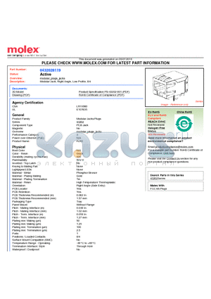 43202-8119 datasheet - Modular Jack, Right Angle, Low Profile, 8/4