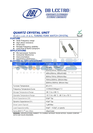 D3A5795-17305A7GG datasheet - QUARTZ CRYSTAL UNIT Holder code D & E, TUNING FORK WATCH CRYSTAL