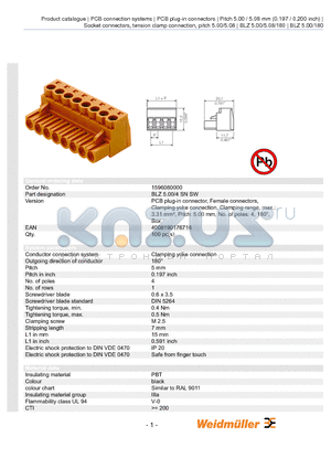 1596080000 datasheet - BLZ 5.00/4 SN SW