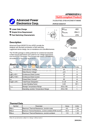 AP9965GEJ datasheet - N-CHANNEL ENHANCEMENT MODE POWER MOSFET