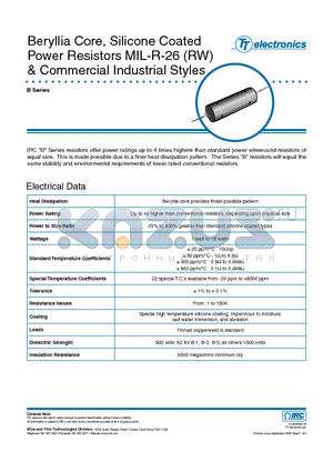 B-10 datasheet - Beryllia Core, Silicone Coated Power Resistors MIL-R-26 (RW) & Commercial Industrial Styles