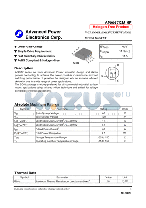 AP9967GM-HF datasheet - N-CHANNEL ENHANCEMENT MODE POWER MOSFET