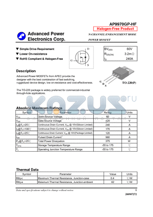 AP9970GP-HF datasheet - N-CHANNEL ENHANCEMENT MODE POWER MOSFET