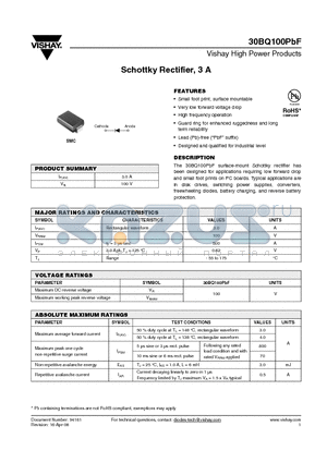 30BQ100PBF datasheet - Schottky Rectifier, 3 A