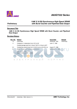 A63G7332E-5 datasheet - 128K X 32 Bit Synchronous High Speed SRAM with Burst Counter and Pipelined Data Output