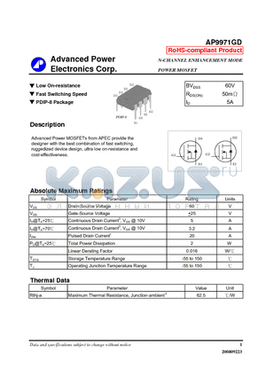 AP9971GD datasheet - N-CHANNEL ENHANCEMENT MODE POWER MOSFET