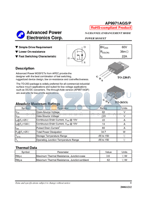 AP9971AGS datasheet - N-CHANNEL ENHANCEMENT MODE POWER MOSFET