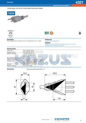 4321 datasheet - Power Supply Cord with CH Power (Mains) Plug 3-pole, Straight