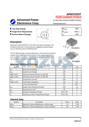 AP9972GP datasheet - N-CHANNEL ENHANCEMENT MODE POWER MOSFET