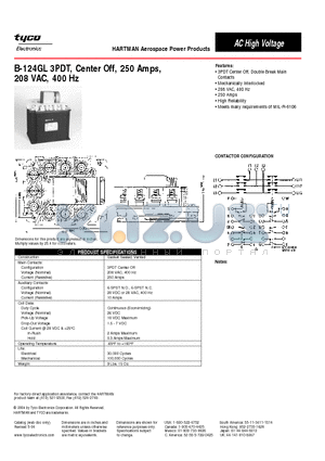 B-124GL datasheet - B-124GL 3PDT, Center Off, 250 Amps, 208 VAC, 400 Hz