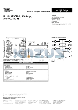 B-125N datasheet - HARTMAN Aerospace Power Products 3PST N.O., 150 Amps, 208 VAC, 400 Hz