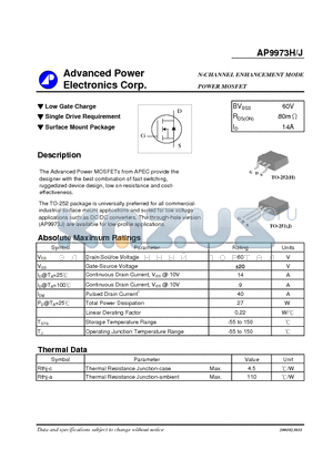 AP9973H datasheet - N-CHANNEL ENHANCEMENT MODE