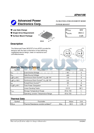 AP9973M datasheet - N-CHANNEL ENHANCEMENT MODE POWER MOSFET