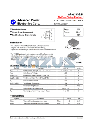 AP9974GP datasheet - N-CHANNEL ENHANCEMENT MODE POWER MOSFET