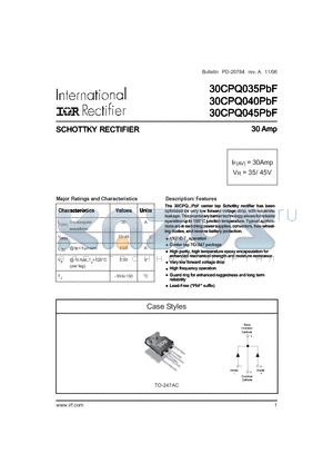 30CPQ040PBF datasheet - SCHOTTKY RECTIFIER 30 Amp