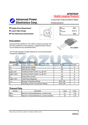 AP9976GP datasheet - N-CHANNEL ENHANCEMENT MODE POWER MOSFET