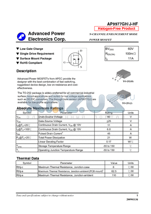 AP9977GJ-HF datasheet - N-CHANNEL ENHANCEMENT MODE POWER MOSFET