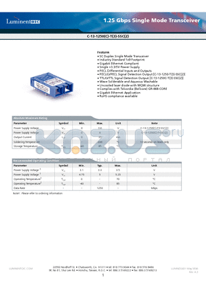 B-13-1250-T-SSC2D datasheet - 1.25 Gbps Single Mode Transceiver