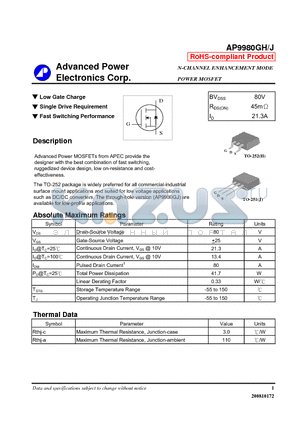 AP9980GJ datasheet - N-CHANNEL ENHANCEMENT MODE POWER MOSFET