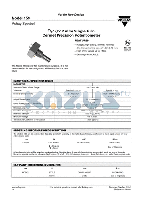 159S10KBO10 datasheet - 7/8 (22.2 mm) Single Turn Cermet Precision Potentiometer