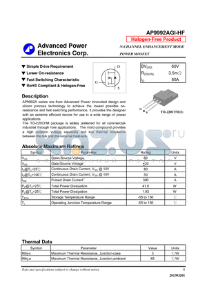 AP9992AGI-HF datasheet - N-CHANNEL ENHANCEMENT MODE POWER MOSFET