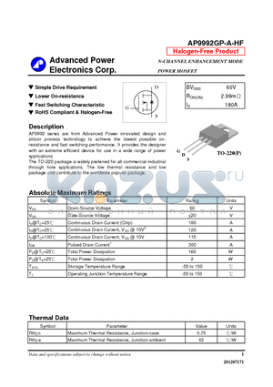 AP9992GP-A-HF datasheet - N-CHANNEL ENHANCEMENT MODE POWER MOSFET