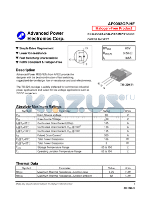 AP9992GP-HF datasheet - N-CHANNEL ENHANCEMENT MODE POWER MOSFET