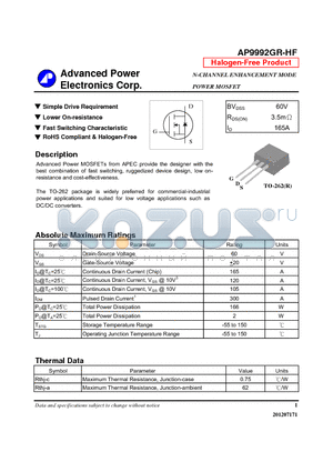 AP9992GR-HF datasheet - N-CHANNEL ENHANCEMENT MODE POWER MOSFET