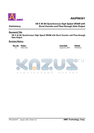 A63P06361E-7.5 datasheet - 1M X 36 Bit Synchronous High Speed SRAM with Burst Counter and Flow-through Data Output