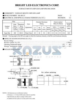 BL-HS133-TRB datasheet - SURFACE MOUNT CHIP LED LAMPS SPECIFICATION