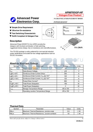 AP99T03GP-HF datasheet - Simple Drive Requirement, Ultra-low On-resistance