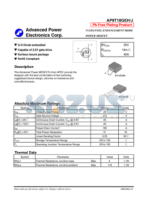 AP9T18GEH datasheet - G-S Diode embedded, Capable of 2.5V gate drive