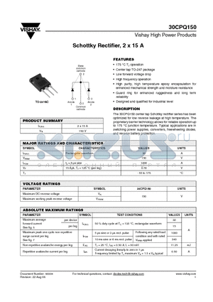 30CPQ150 datasheet - Schottky Rectifier, 2 x 15 A