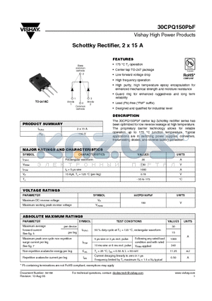 30CPQ150PBF datasheet - Schottky Rectifier, 2 x 15 A