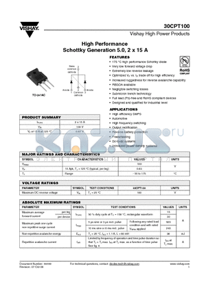 30CPT100 datasheet - High Performance Schottky Generation 5.0, 2 x 15 A