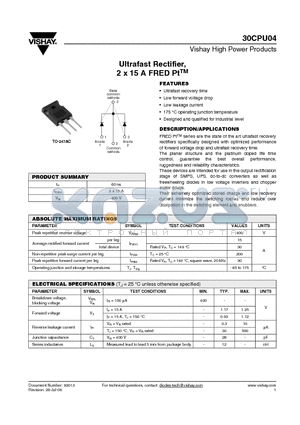 30CPU04 datasheet - Ultrafast Rectifier, 2 x 15 A FRED PtTM